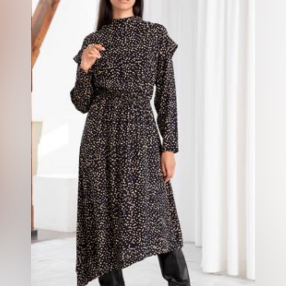 & Other Stories Chic Black and Tan Polka Dot Dress NWT 10